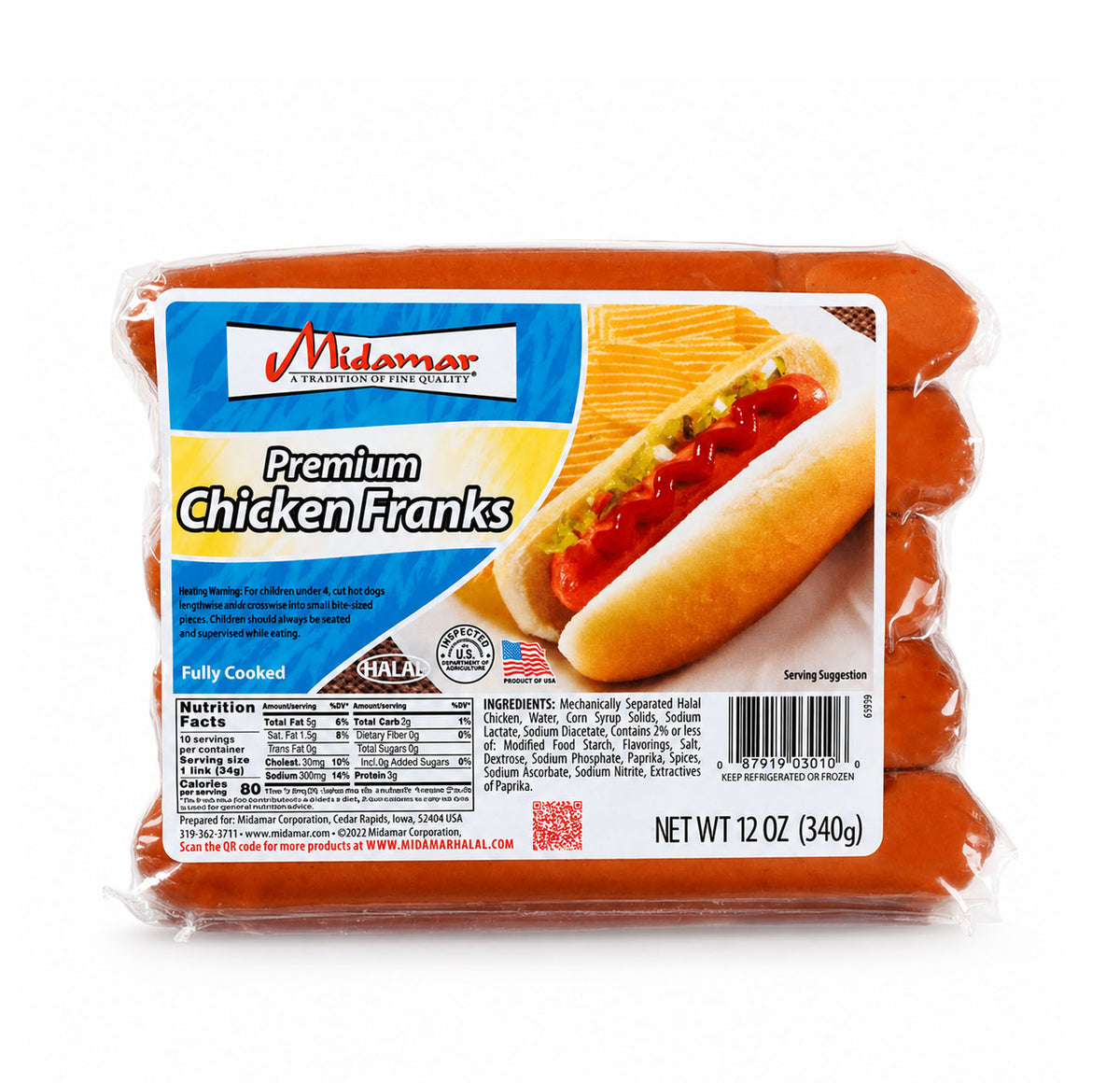 Midamar Premium Chicken Franks, 12 oz (340g) package of halal chicken franks