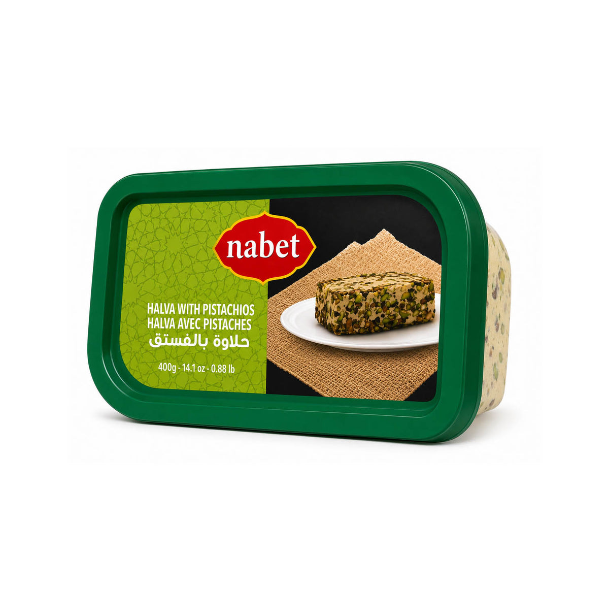Nabet Halva with Pistachios lid, showing 400g / 14.1 oz / 0.88 lb net weight