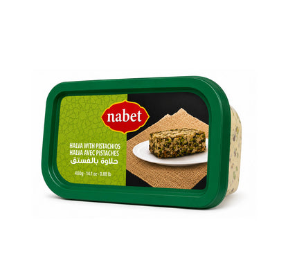 Nabet Halva with Pistachios lid, showing 400g / 14.1 oz / 0.88 lb net weight