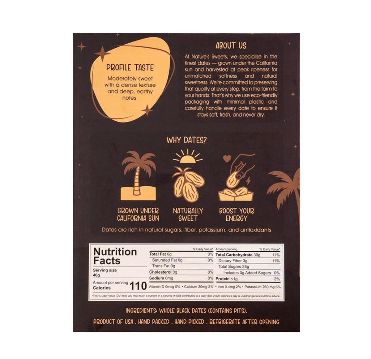 California black dates carton back with nutrition facts and ingredients