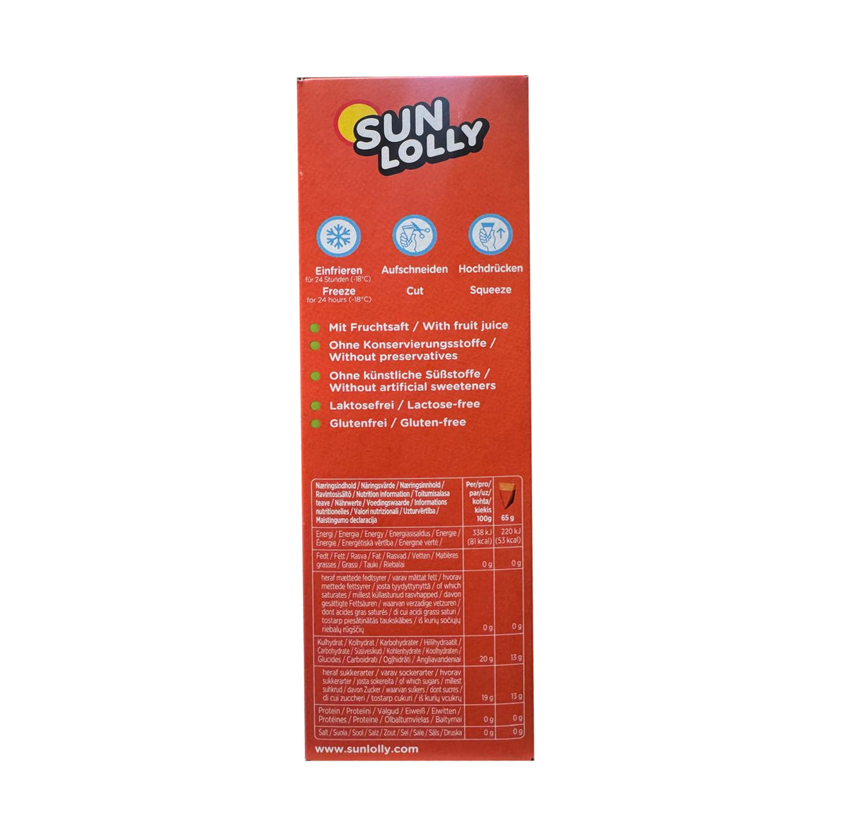 Sun Lolly Exotique side panel: freeze, cut, squeeze instructions and nutrition table