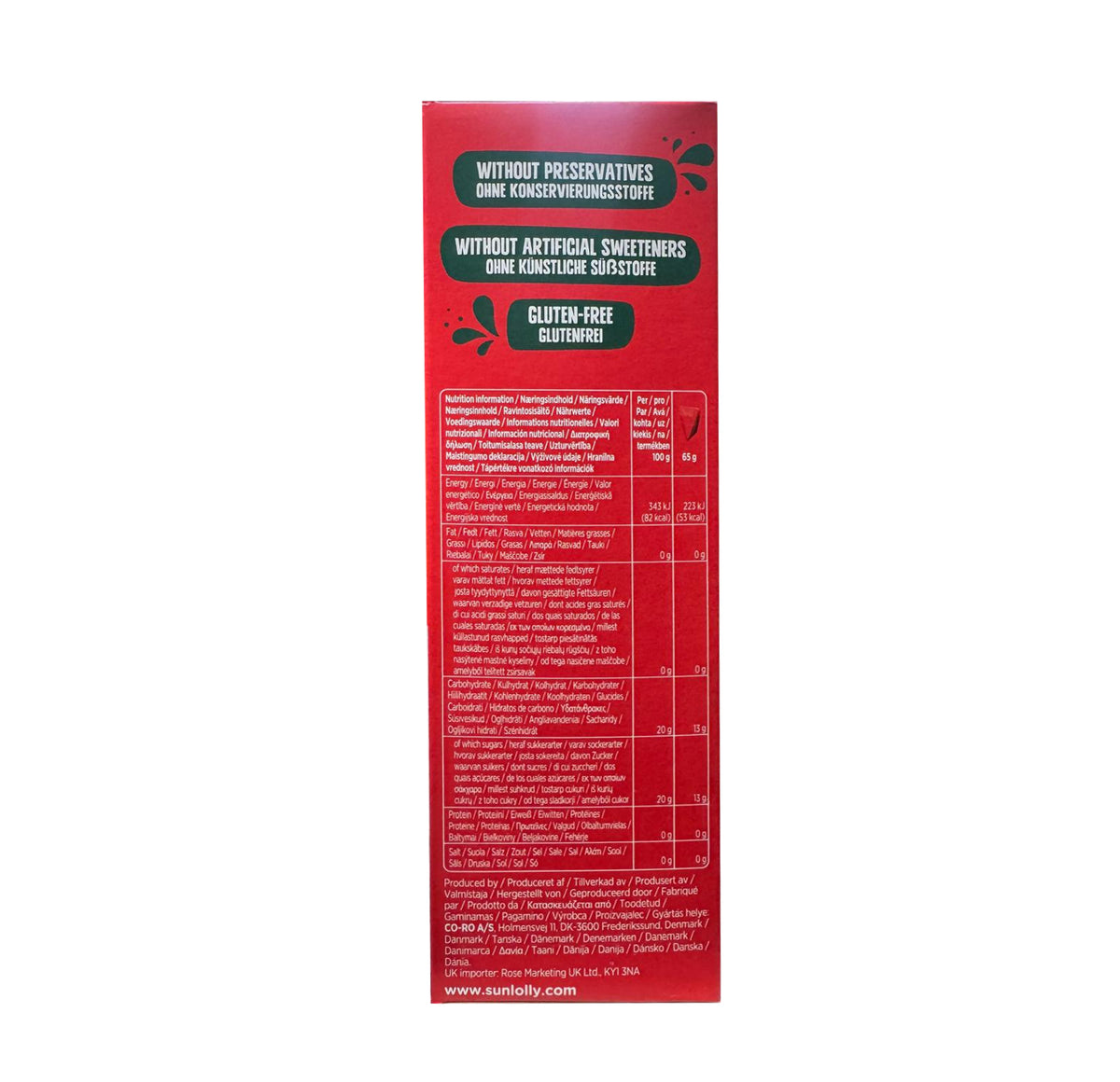 Sun Lolly Fraise back panel: no preservatives, no artificial sweeteners, gluten-free, nutrition table