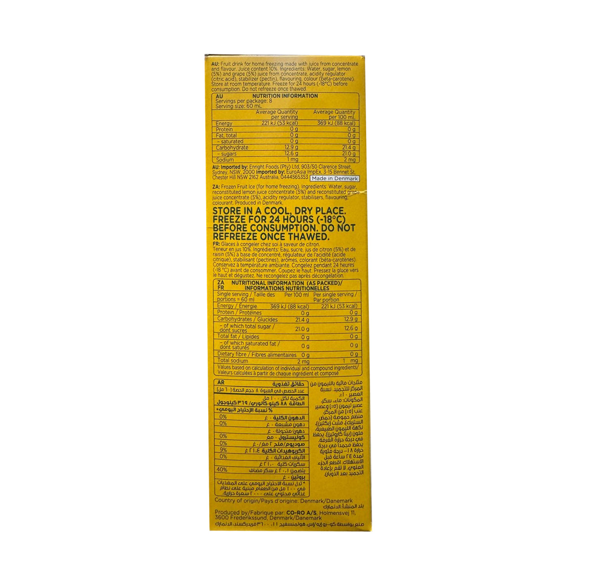 Sun Lolly Lemon back panel: ingredients, nutrition information and freezing instructions