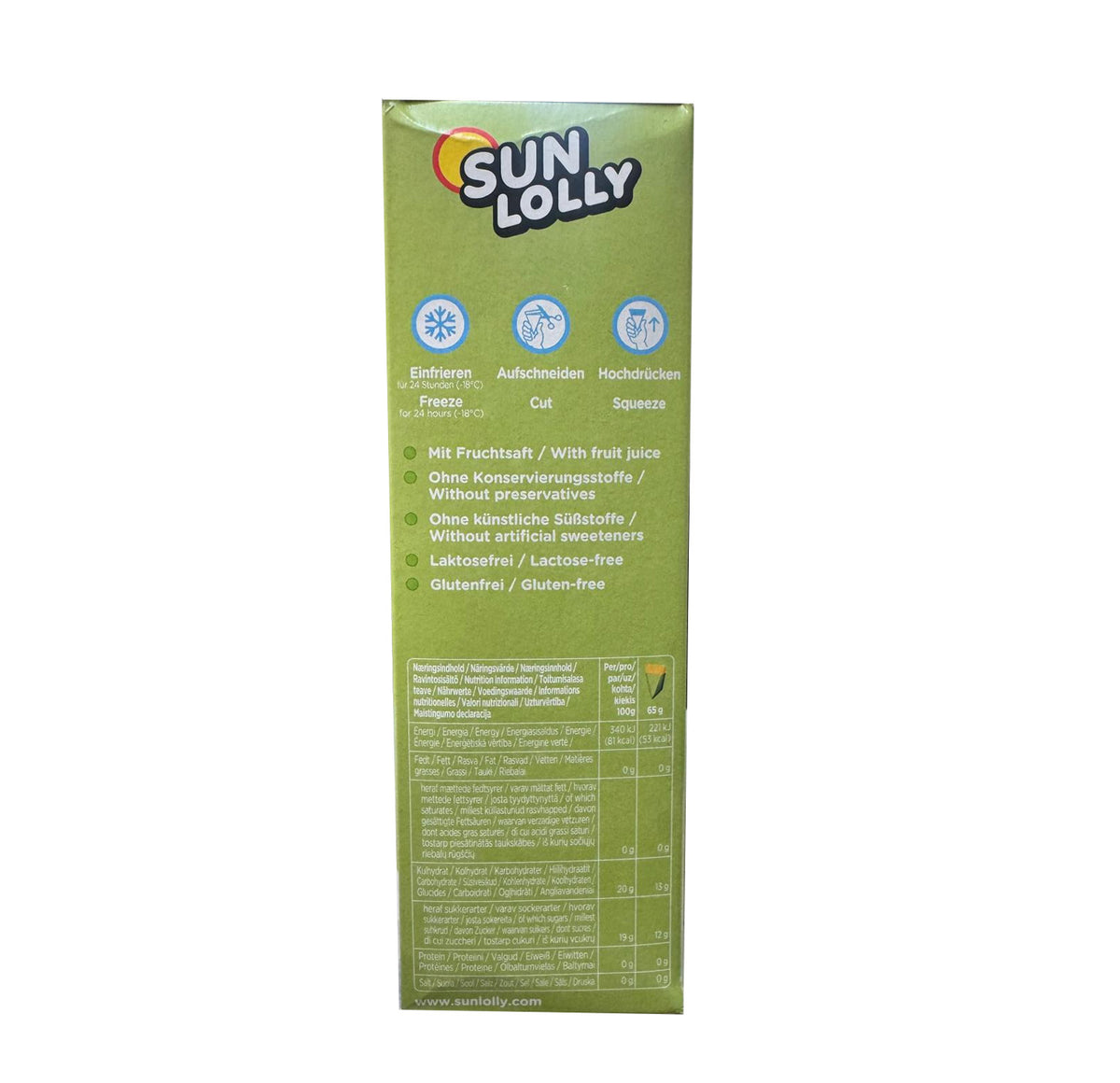 Sun Lolly Mango side panel: freeze, cut, squeeze instructions and nutrition table