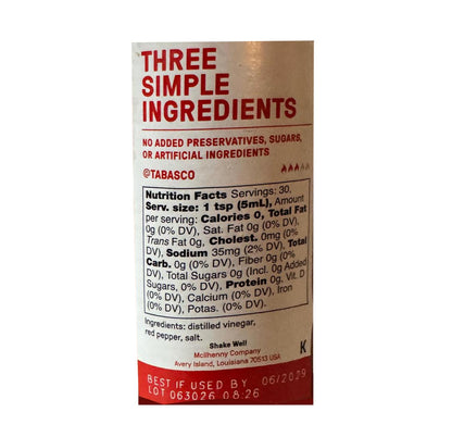 Tabasco pepper sauce back label with ingredients and nutrition facts