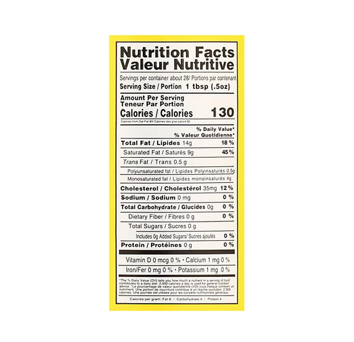 Ziyad Premium Butter Ghee — nutrition facts label