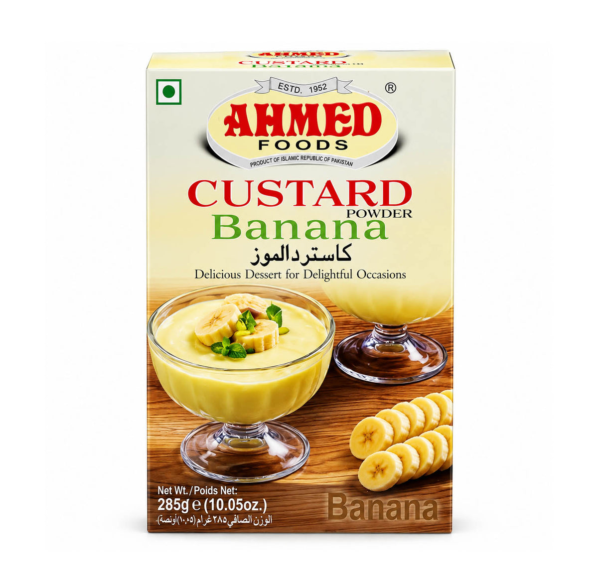 Ahmed Foods banana custard powder box, 285 g