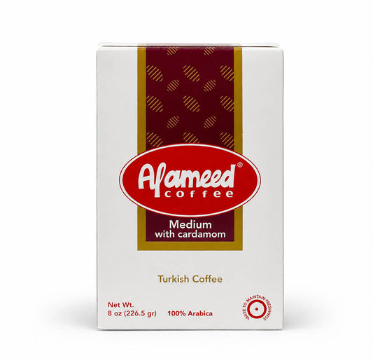 Al Ameed Turkish Coffee Medium with Cardamom 8oz box, front of package