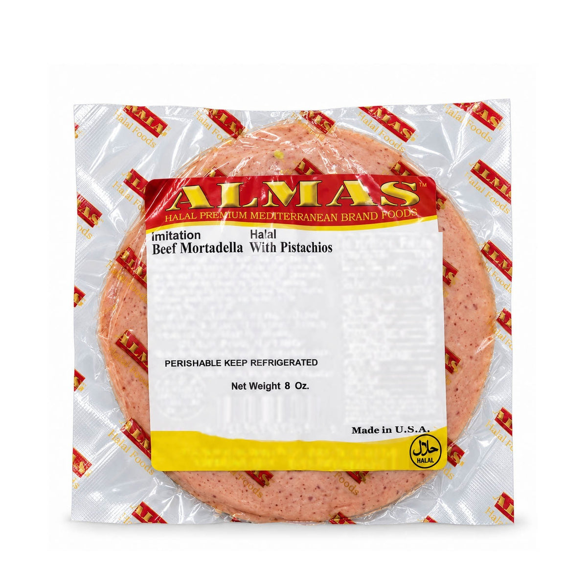 Almas Halal Beef Mortadella with Pistachios 8 oz sliced pack