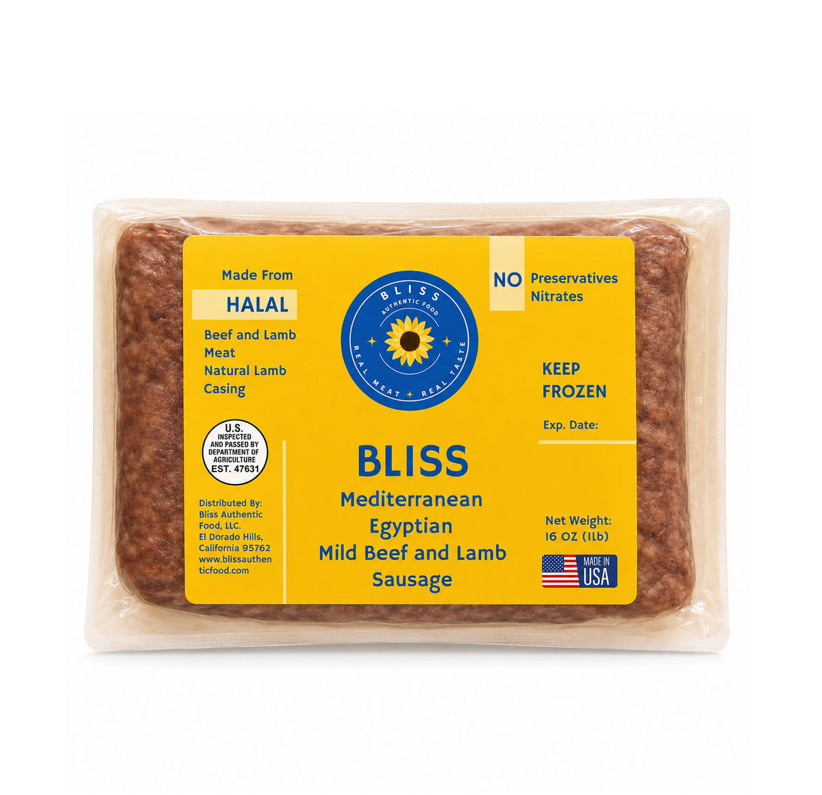 Bliss Mediterranean Egyptian Mild Beef and Lamb Sausage, 16 oz pack