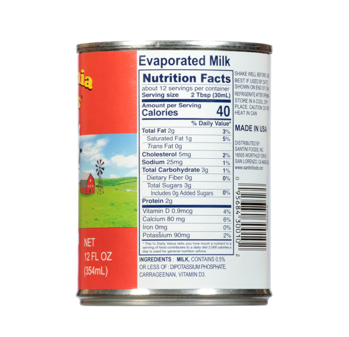 California Farms Evaporated Milk nutrition facts and ingredients panel