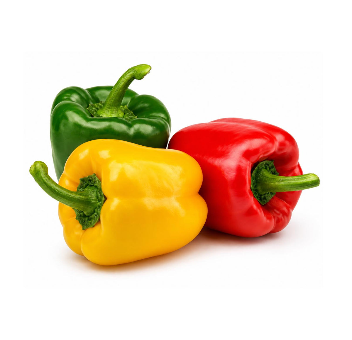 Green, red and yellow bell peppers together