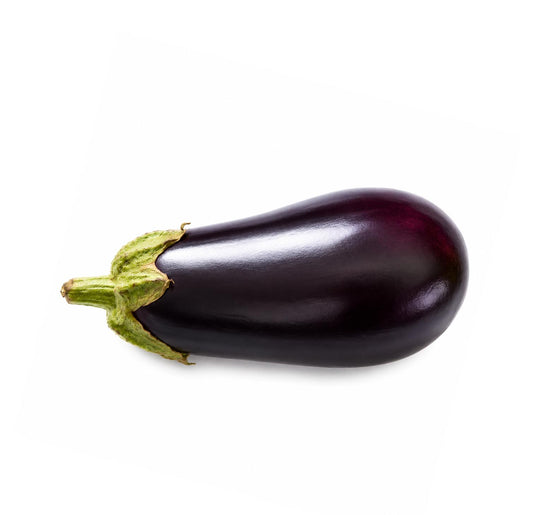 Fresh eggplant, whole glossy purple aubergine with green stem