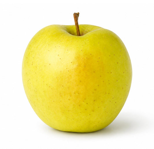Fresh golden apple, whole with yellow-green skin and stem