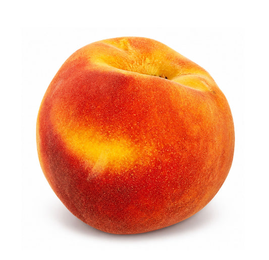 A single ripe peach with red and golden skin on a white background