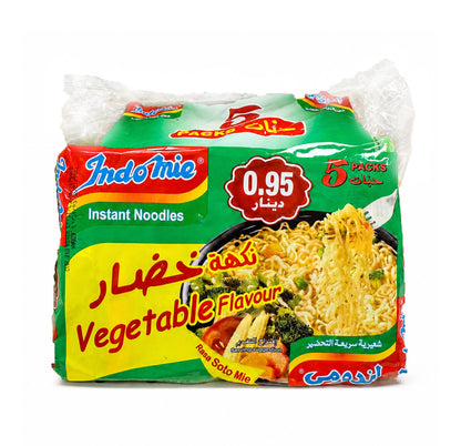 Indomie Vegetable Flavour instant noodles 5-pack, front of the green bag