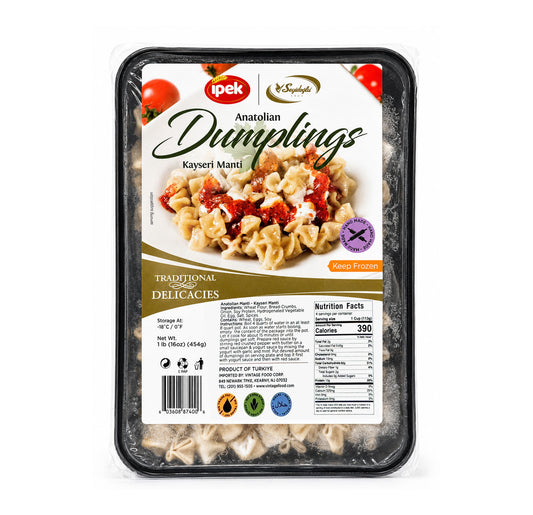 İpek Anatolian Dumplings Kayseri Manti 1lb frozen tray with nutrition facts and ingredients on the label