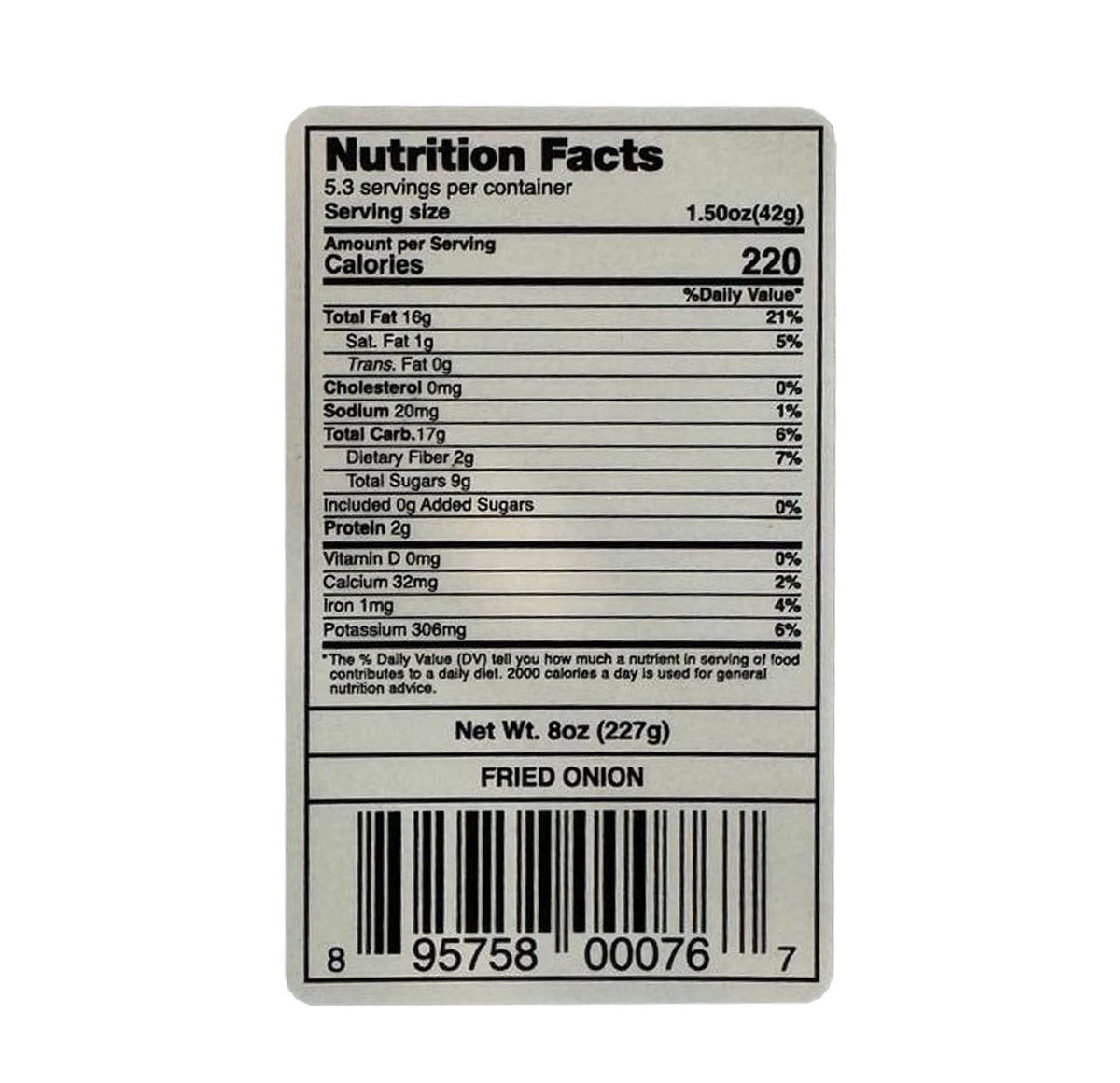 Kadbanou Fried Onions nutrition facts label