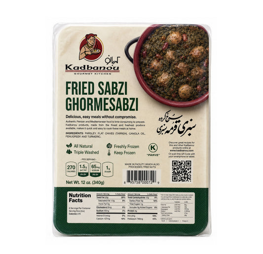Kadbanou Fried Sabzi Ghormesabzi 12 oz pack with a cream label and a photo of ghormeh sabzi stew in a red pot