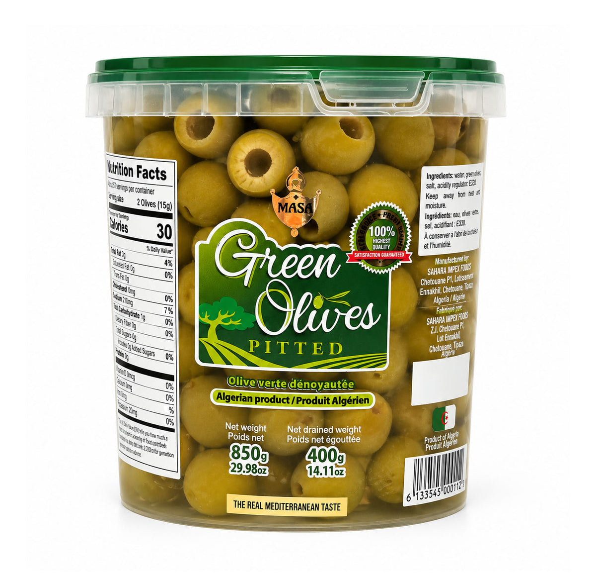 MASA Green Olives Pitted 850g clear tub with a green lid, showing the nutrition and ingredients labels
