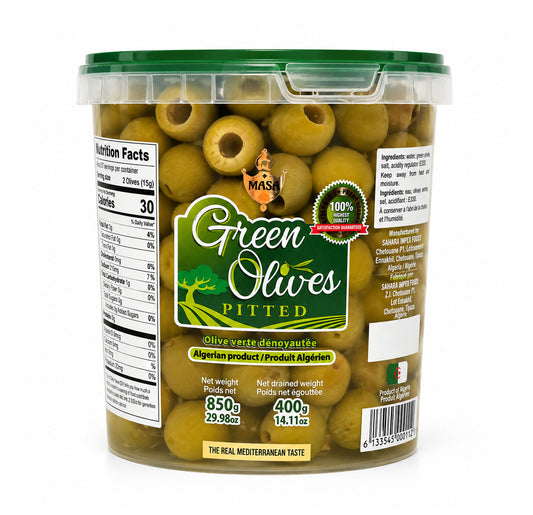 MASA Green Olives Pitted 850g clear tub with a green lid, showing the nutrition and ingredients labels
