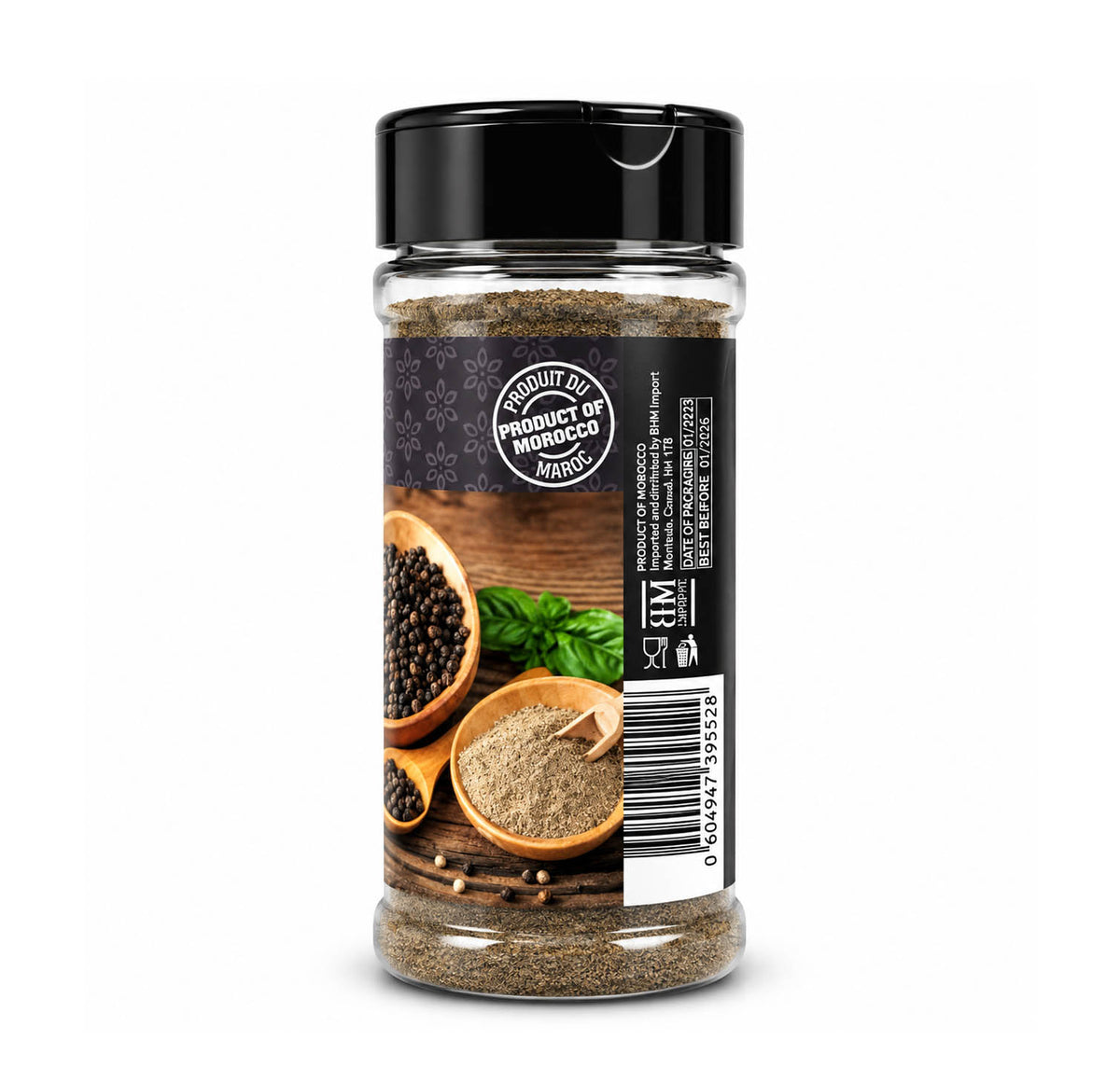 Back of the Mazyana black pepper jar showing the Product of Morocco roundel and the importer details
