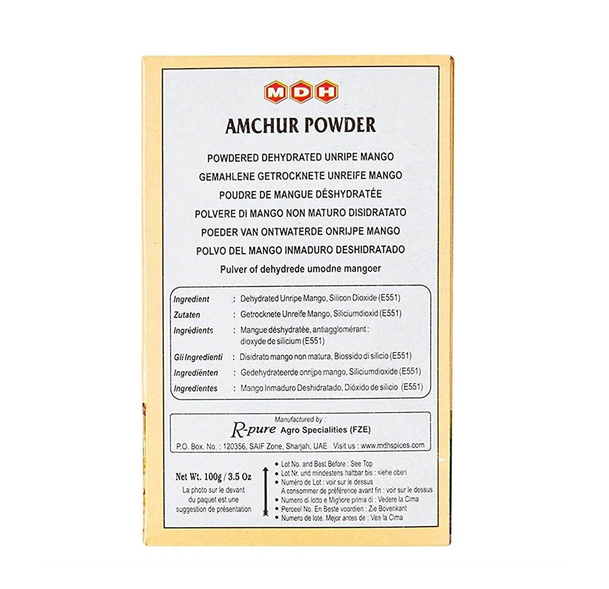 MDH Amchur Powder 100g box, back with ingredients