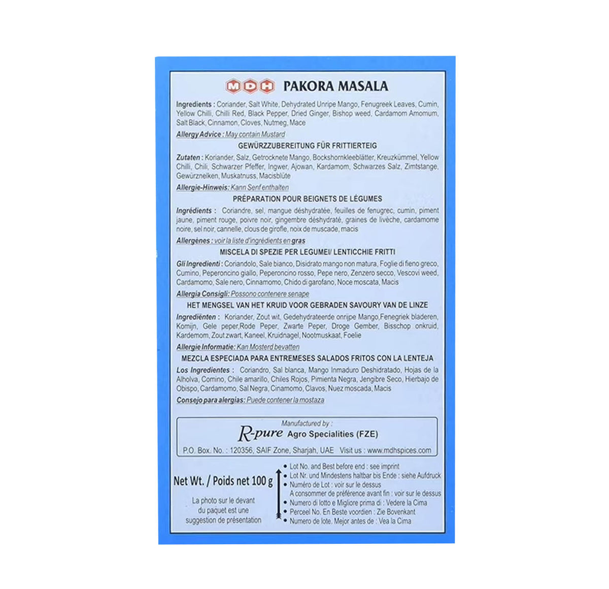 MDH Pakora Masala 100g box, back with ingredients