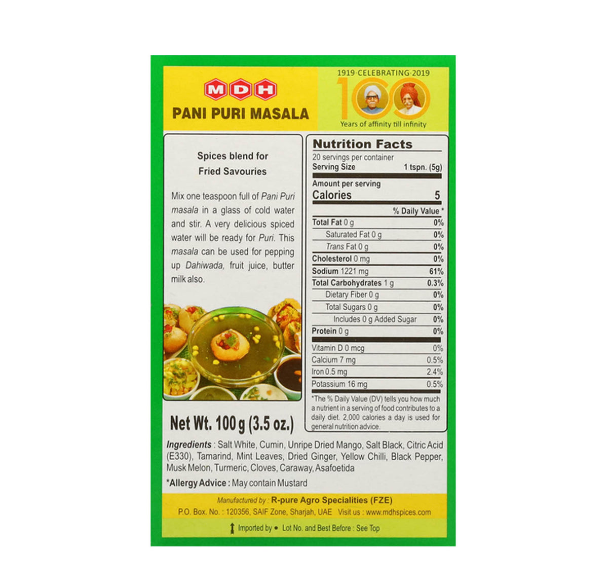 MDH Pani Puri Masala 100g box, back with nutrition facts and ingredients