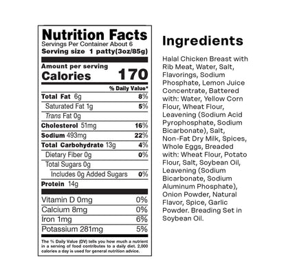 Nutrition facts and ingredients panel for Midamar Chicken Breast Patties