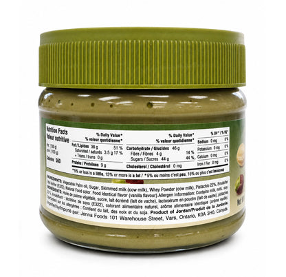 Nutrition Facts and ingredients label on the back of the Nabet Pistachio Cream jar