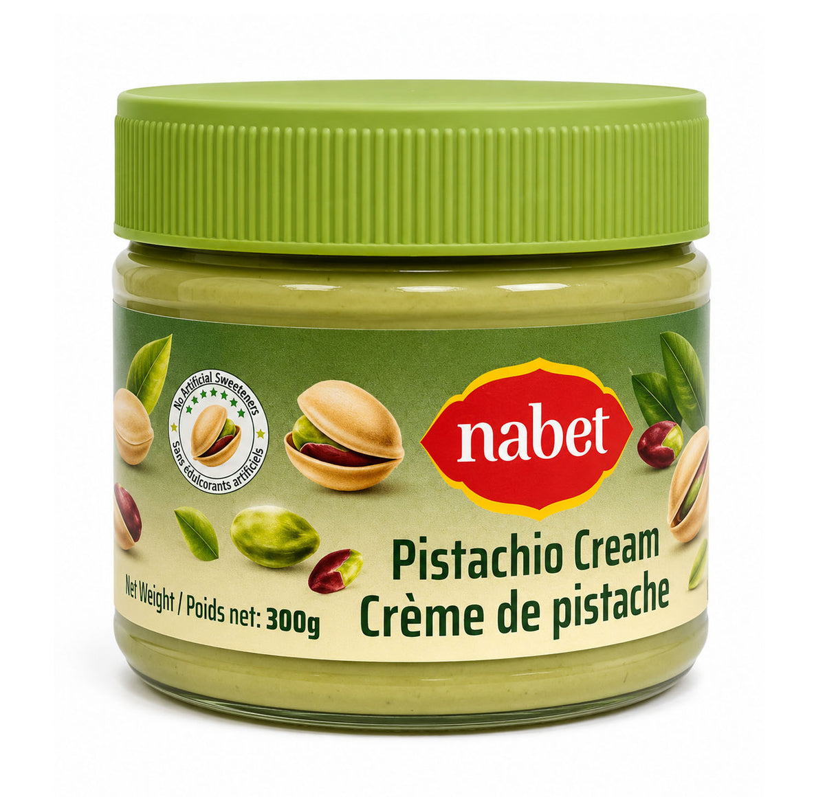 Nabet Pistachio Cream 300g glass jar with a green lid and pistachio illustrations on the label