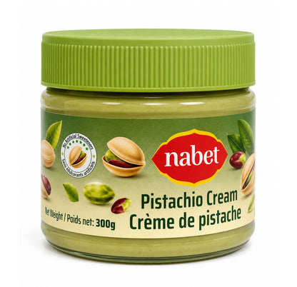 Nabet Pistachio Cream 300g glass jar with a green lid and pistachio illustrations on the label