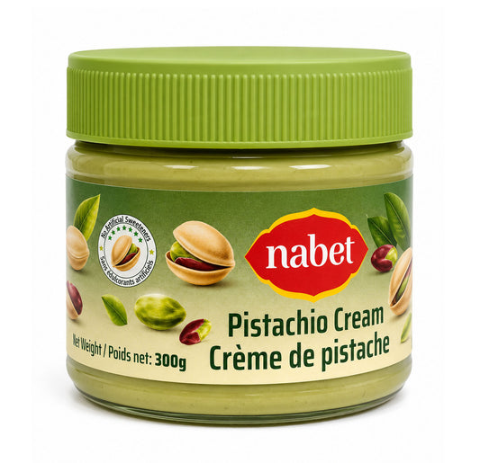 Nabet Pistachio Cream 300g glass jar with a green lid and pistachio illustrations on the label