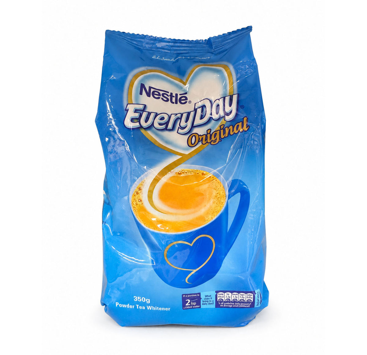 Nestle EveryDay Original 350g blue pouch of powder tea whitener with a cup of milky tea and a gold heart