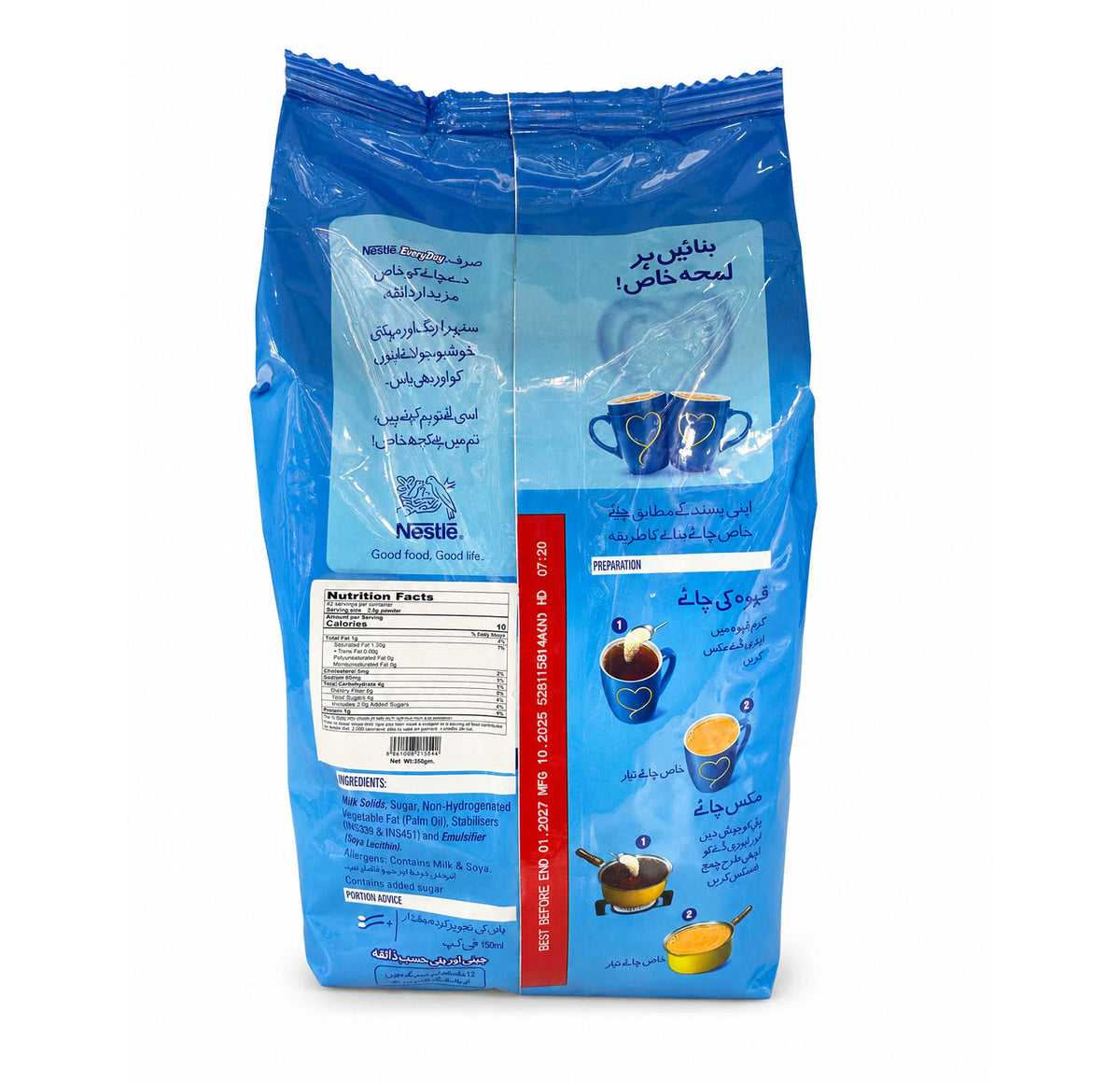 Back of the Nestle EveryDay pouch showing the ingredients list and allergen statement