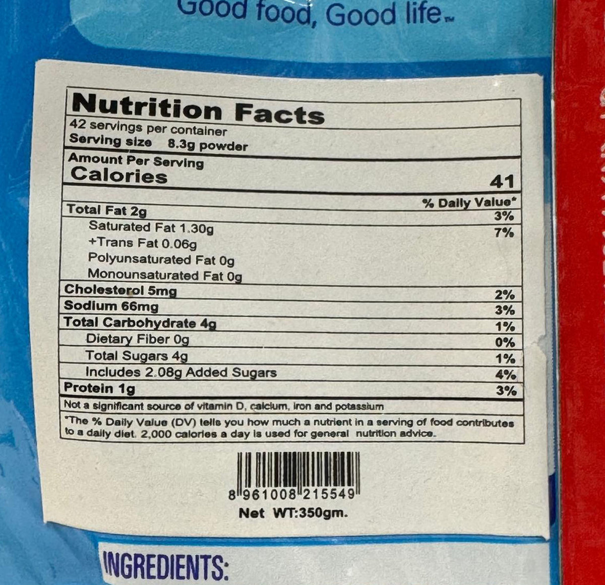 Nutrition Facts label on the Nestle EveryDay pouch showing 42 servings of 8.3g powder