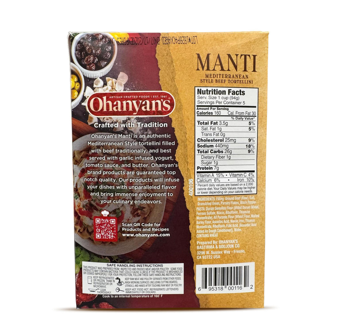 Ohanyan's Manti back of box with nutrition facts and ingredients