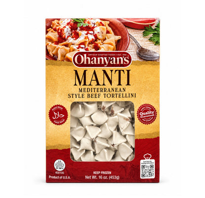 Ohanyan's Manti Mediterranean style beef tortellini, 16oz box front with window showing frozen dumplings