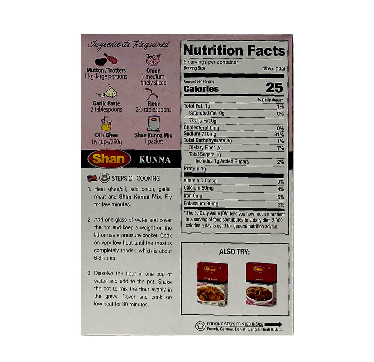 Shan Kunna recipe mix 50g box, back with cooking steps and nutrition panel