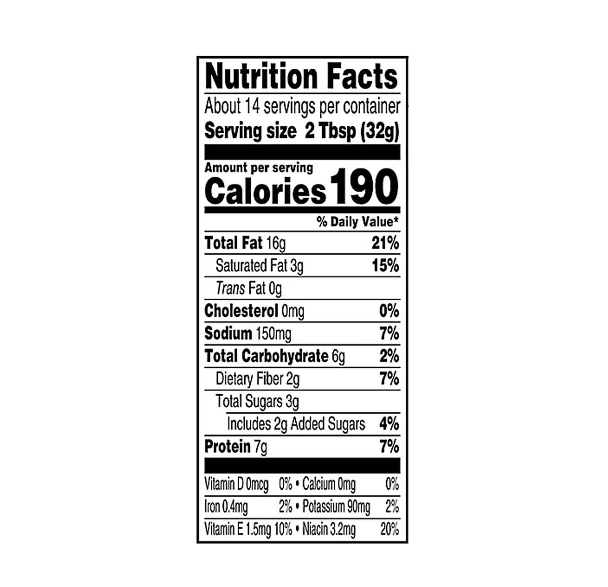 SKIPPY Creamy Peanut Butter Nutrition Facts panel: serving size 2 Tbsp (32 g), about 14 servings per container, 190 calories, 16 g total fat, 3 g saturated fat, 0 g trans fat, 0 mg cholesterol, 150 mg sodium, 6 g total carbohydrate, 2 g fibre, 3 g total sugars including 2 g added sugars, 7 g protein