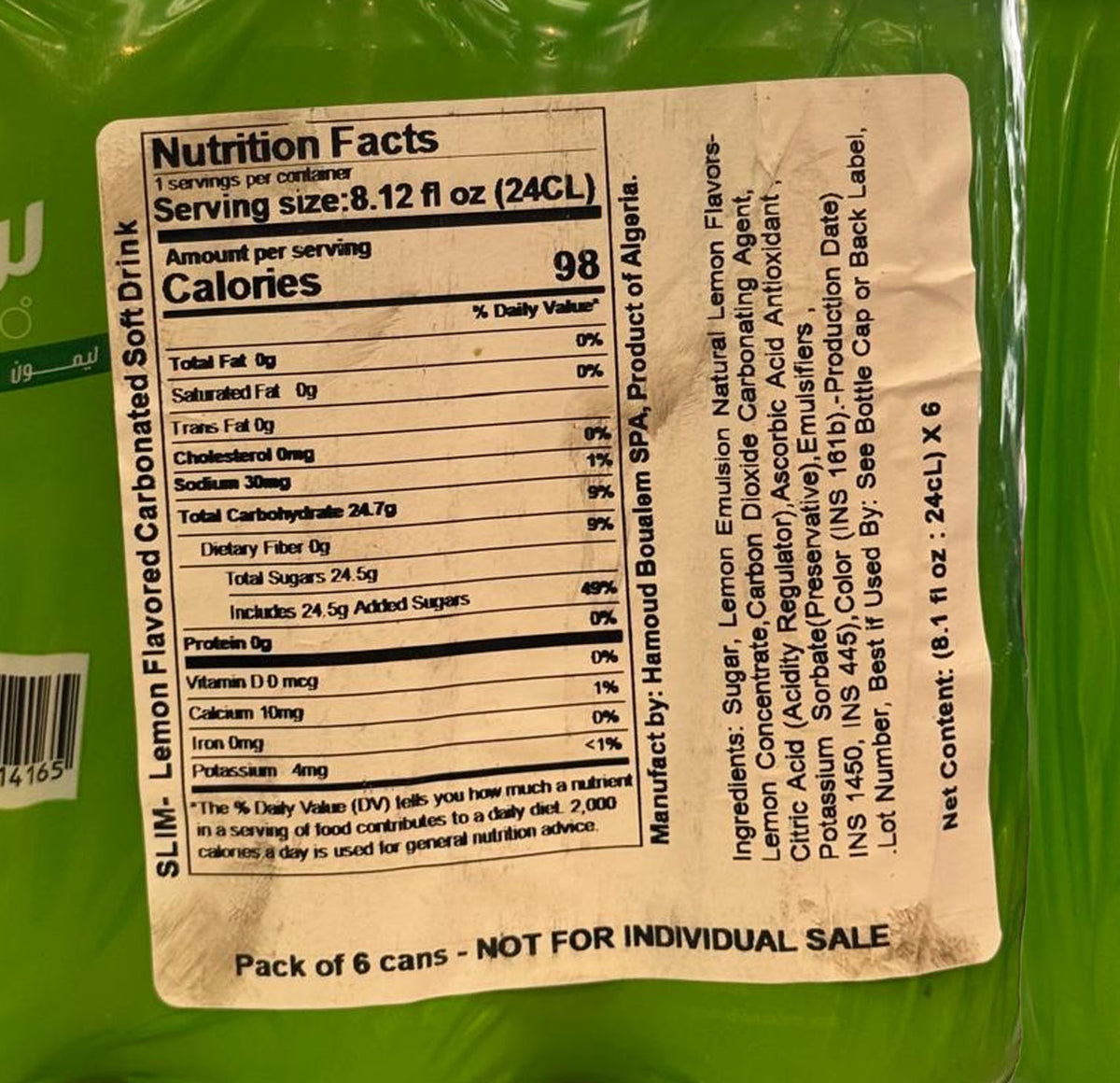 Nutrition Facts and ingredients panel on the Slim Citron 6-pack wrap