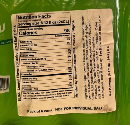 Nutrition Facts and ingredients panel on the Slim Citron 6-pack wrap