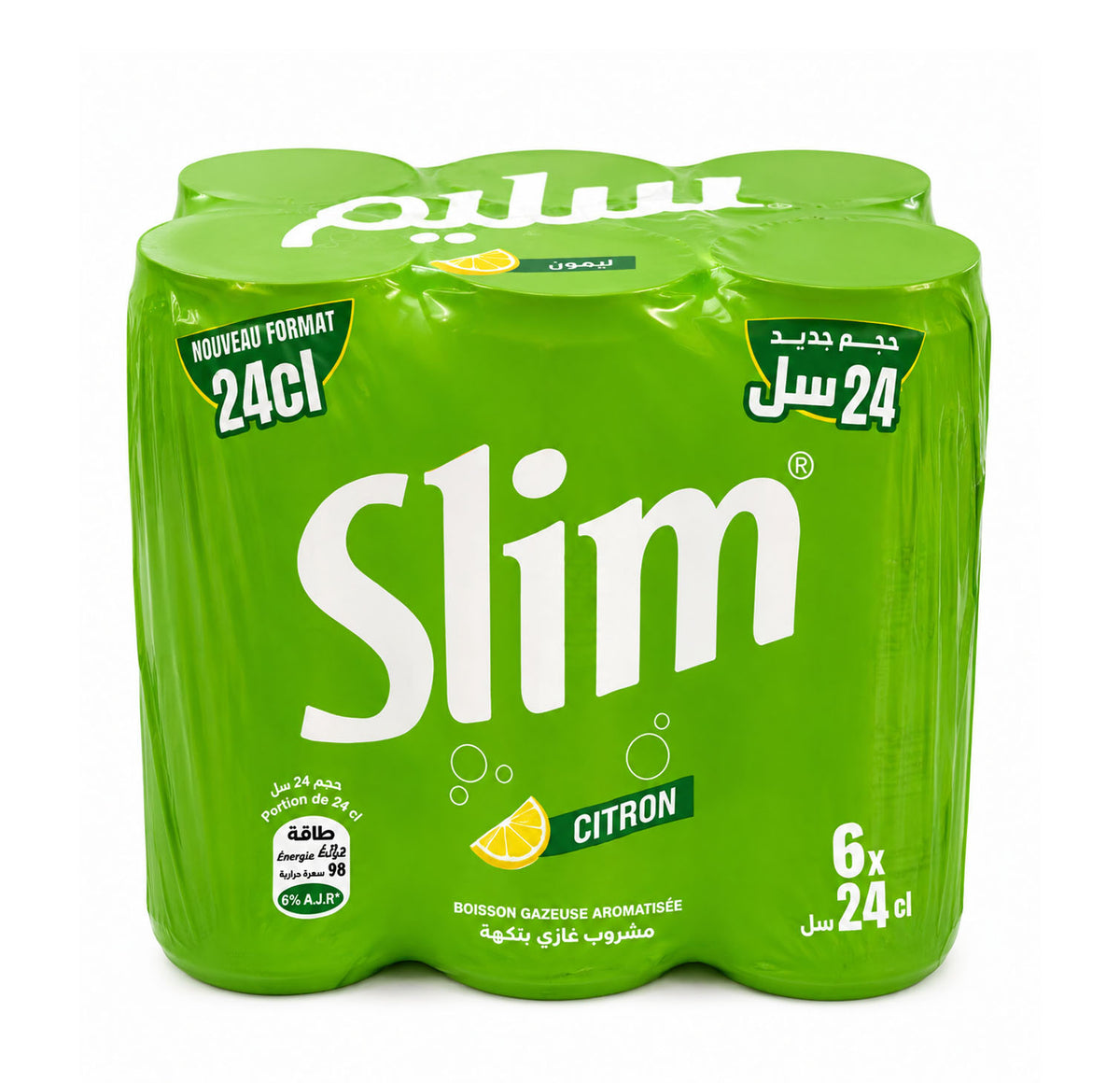 Slim Citron six-pack of 24cl cans in bright green shrink wrap with a lemon slice graphic