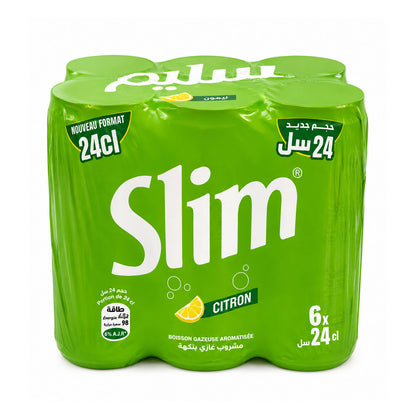 Slim Citron six-pack of 24cl cans in bright green shrink wrap with a lemon slice graphic