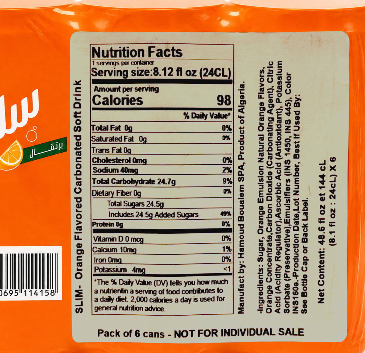 Nutrition Facts and ingredients panel on the Slim Orange 6-pack wrap