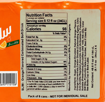 Nutrition Facts and ingredients panel on the Slim Orange 6-pack wrap