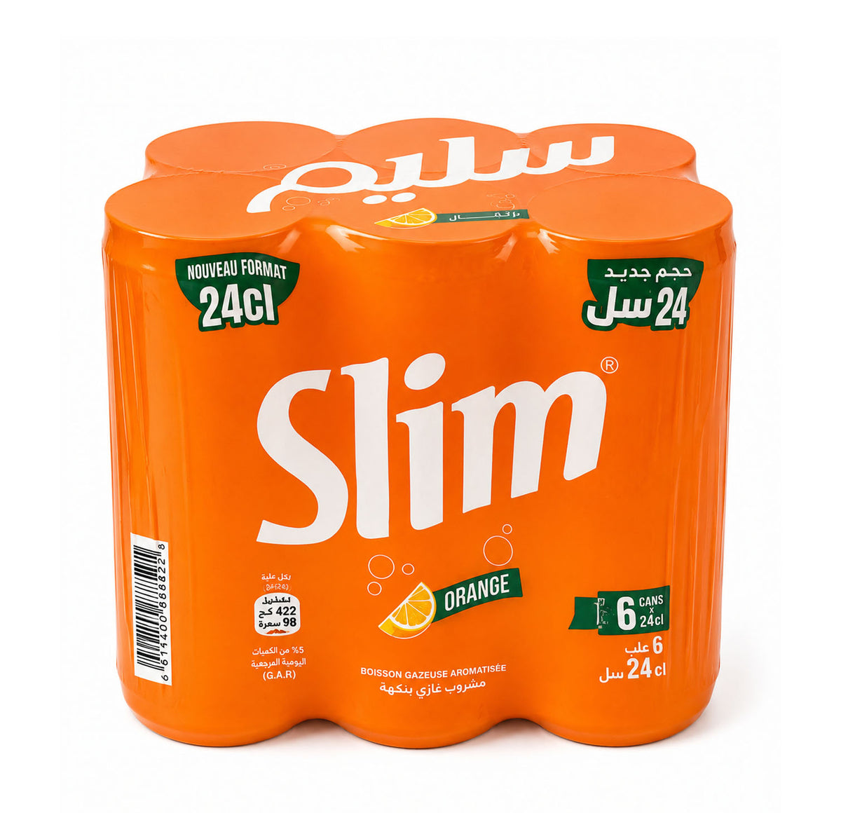 Slim Orange six-pack of 24cl cans in orange shrink wrap with an orange slice graphic