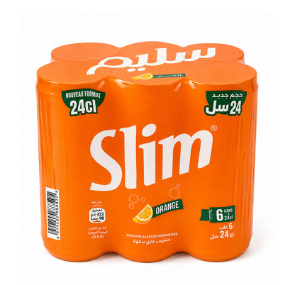 Slim Orange six-pack of 24cl cans in orange shrink wrap with an orange slice graphic