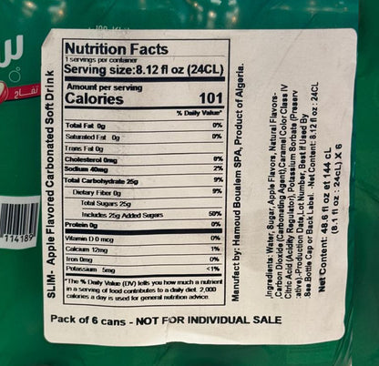 Nutrition Facts and ingredients panel on the Slim Pomme 6-pack wrap